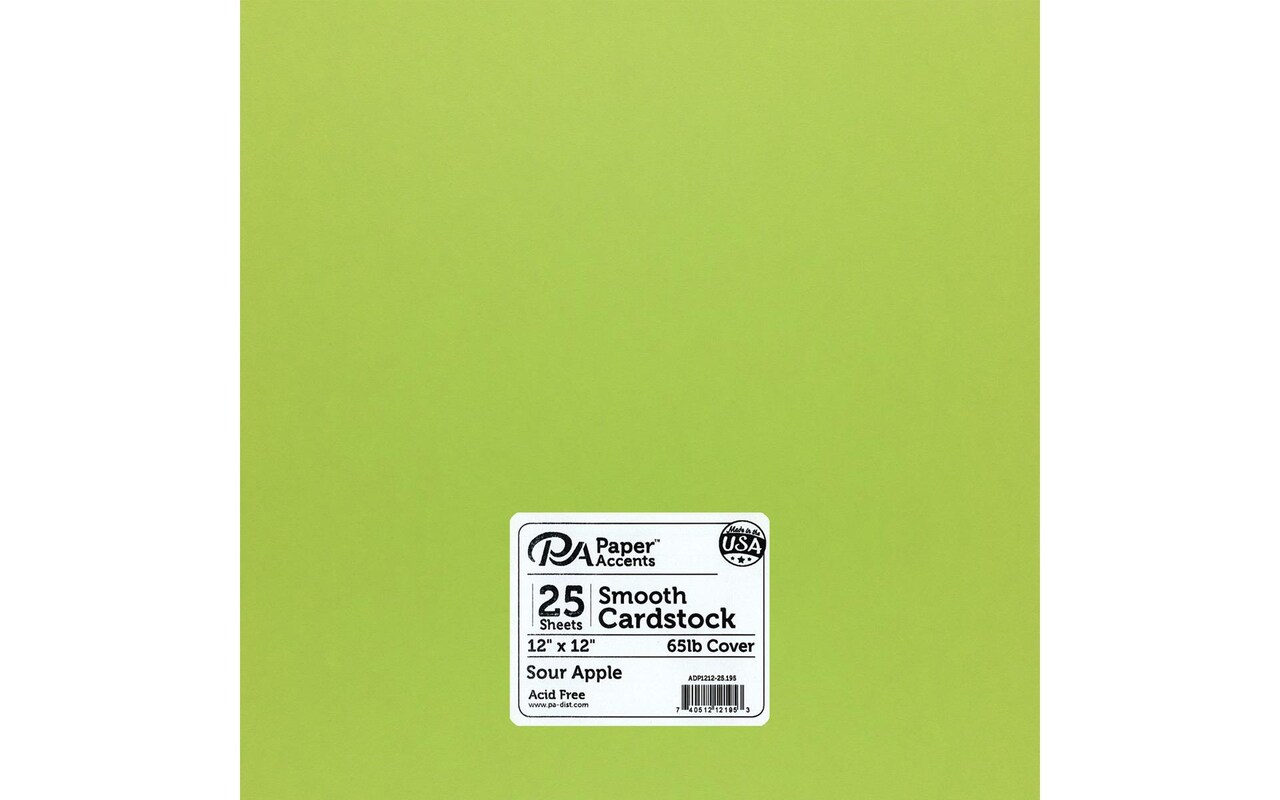 PA Paper Accents Smooth Cardstock 12" x 12" Sour Apple, 65lb colored cardstock paper for card making, scrapbooking, printing, quilling and crafts, 25 piece pack